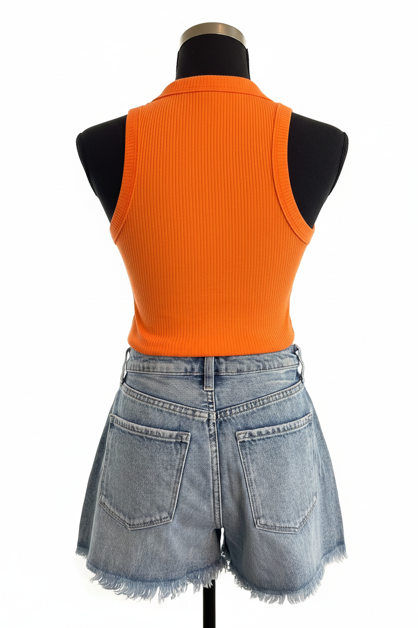Orange Ribbed V-Neck Tank Top
