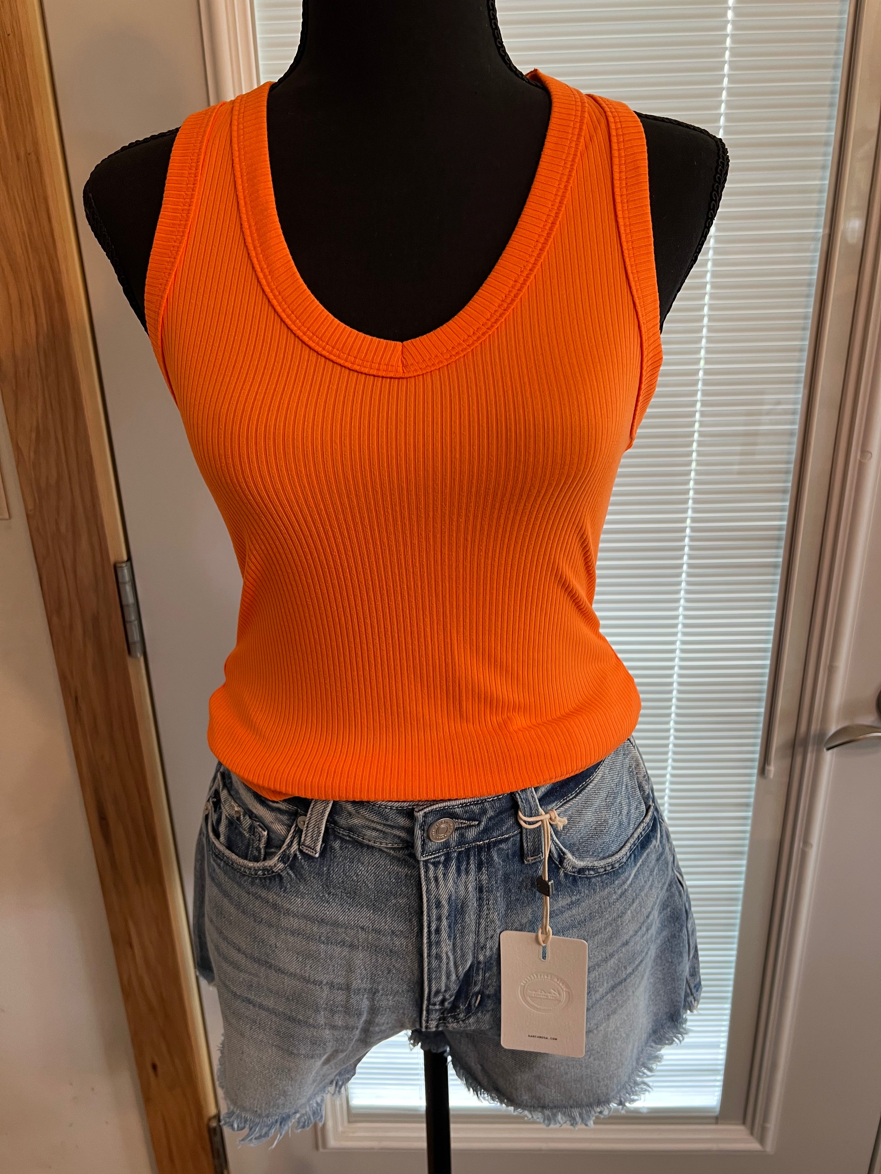 Orange Ribbed V-Neck Tank Top