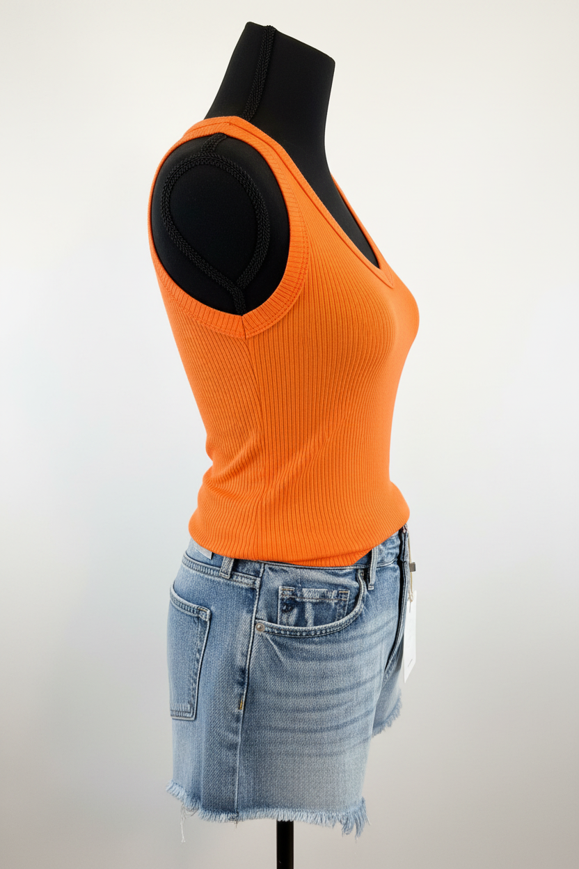 Orange Ribbed V-Neck Tank Top