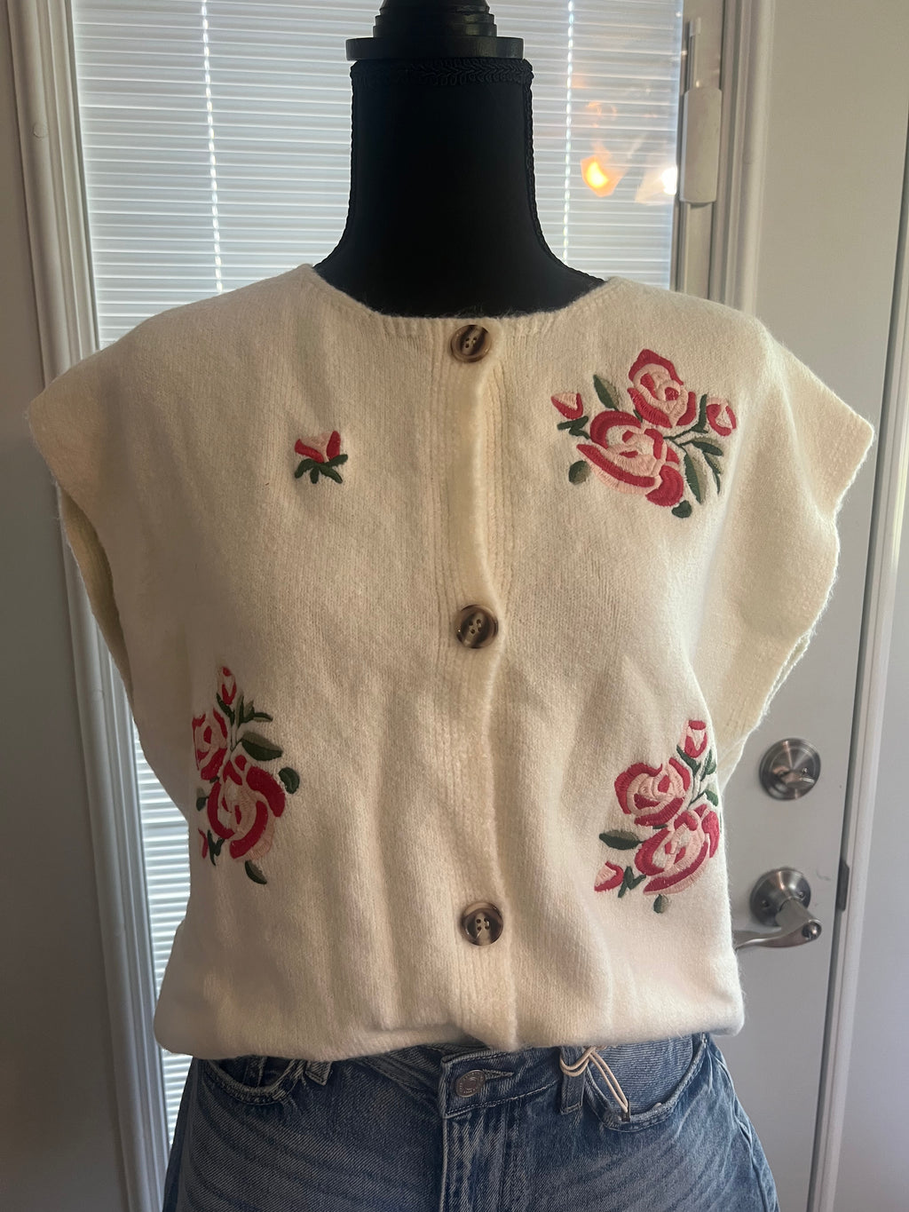 White Floral Embroidered Sweater Vest