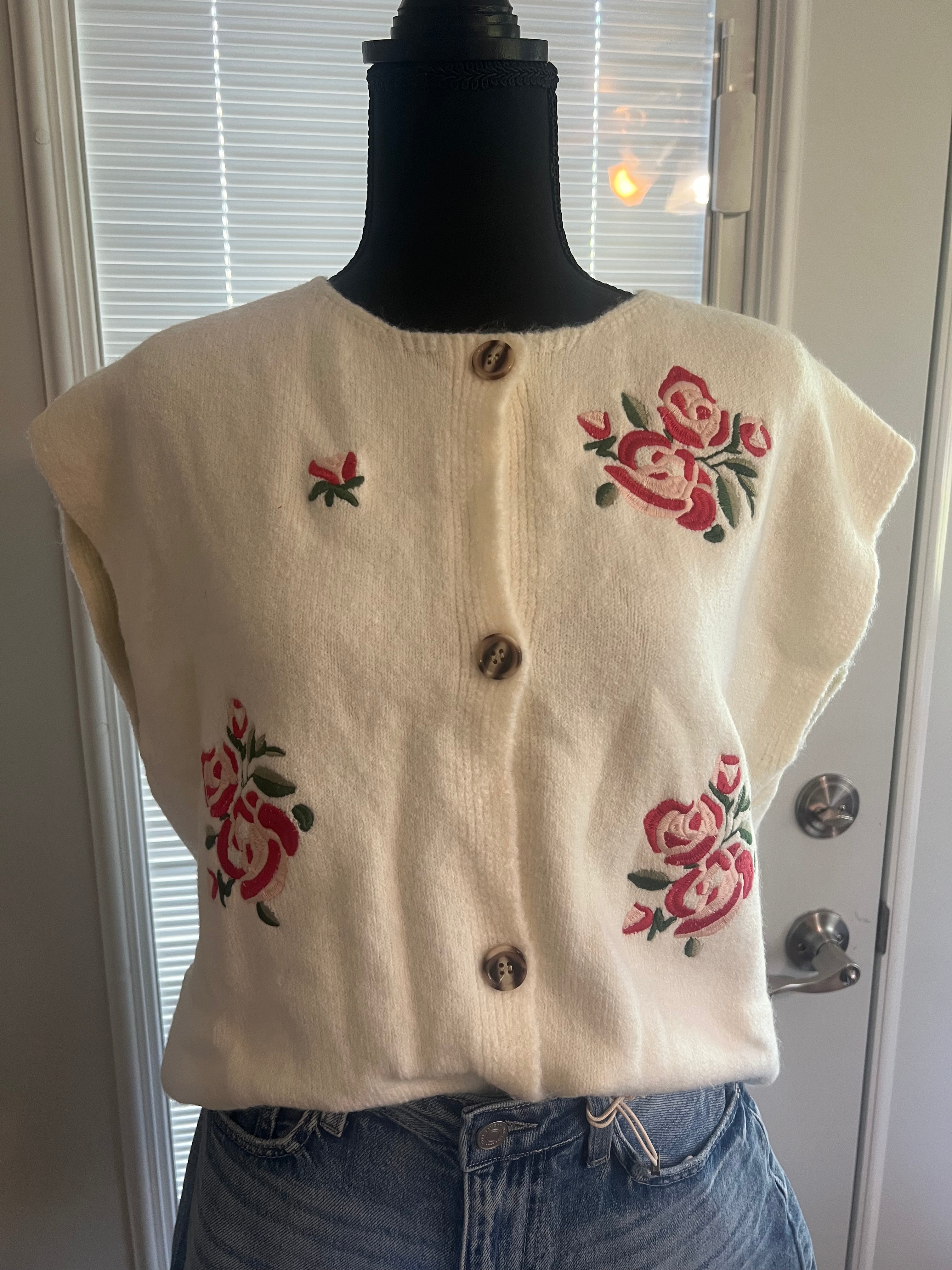 White Floral Embroidered Sweater Vest