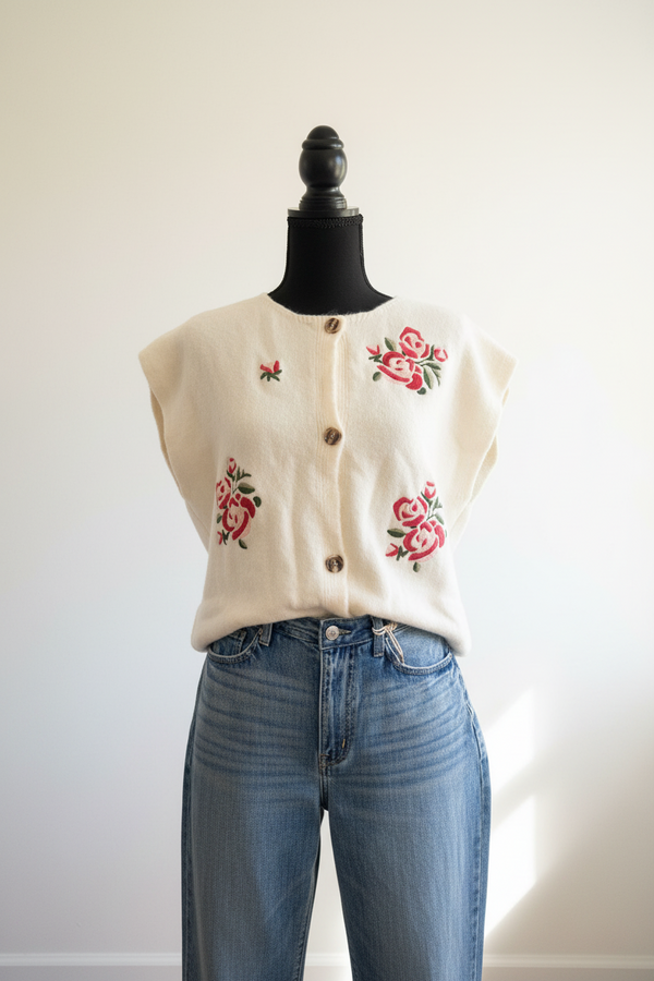 White Floral Embroidered Sweater Vest