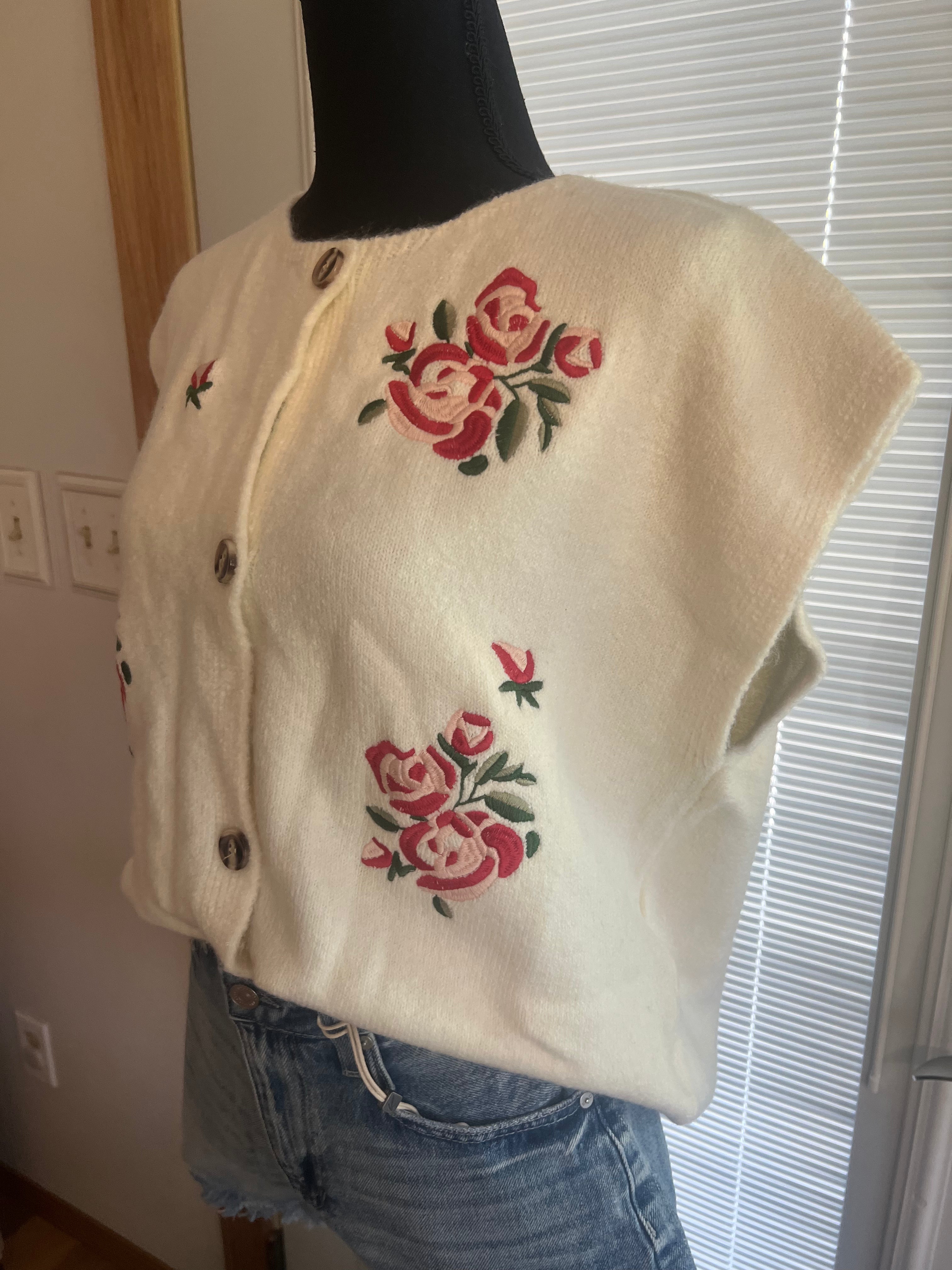 White Floral Embroidered Sweater Vest